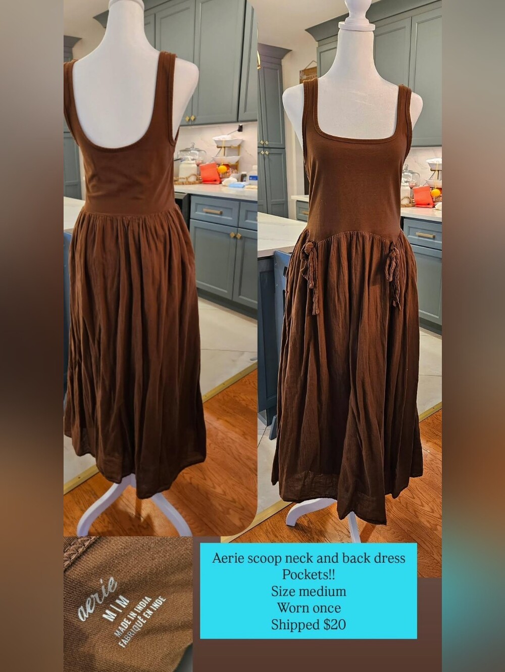 aerie Brown Scoop-Neck Maxi Skirt Dress with Pockets